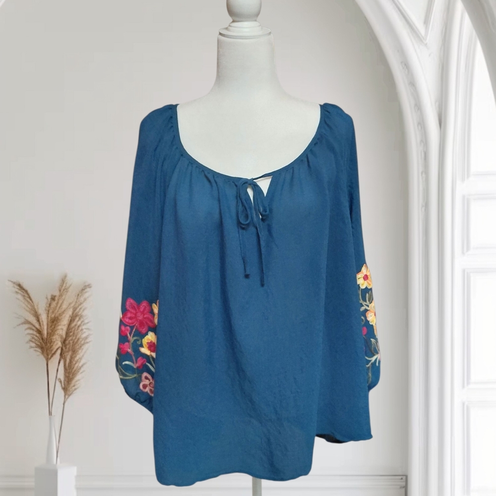 Catherine Malandrino Blue Blouse with Floral Embroidery,  2X  (C27)